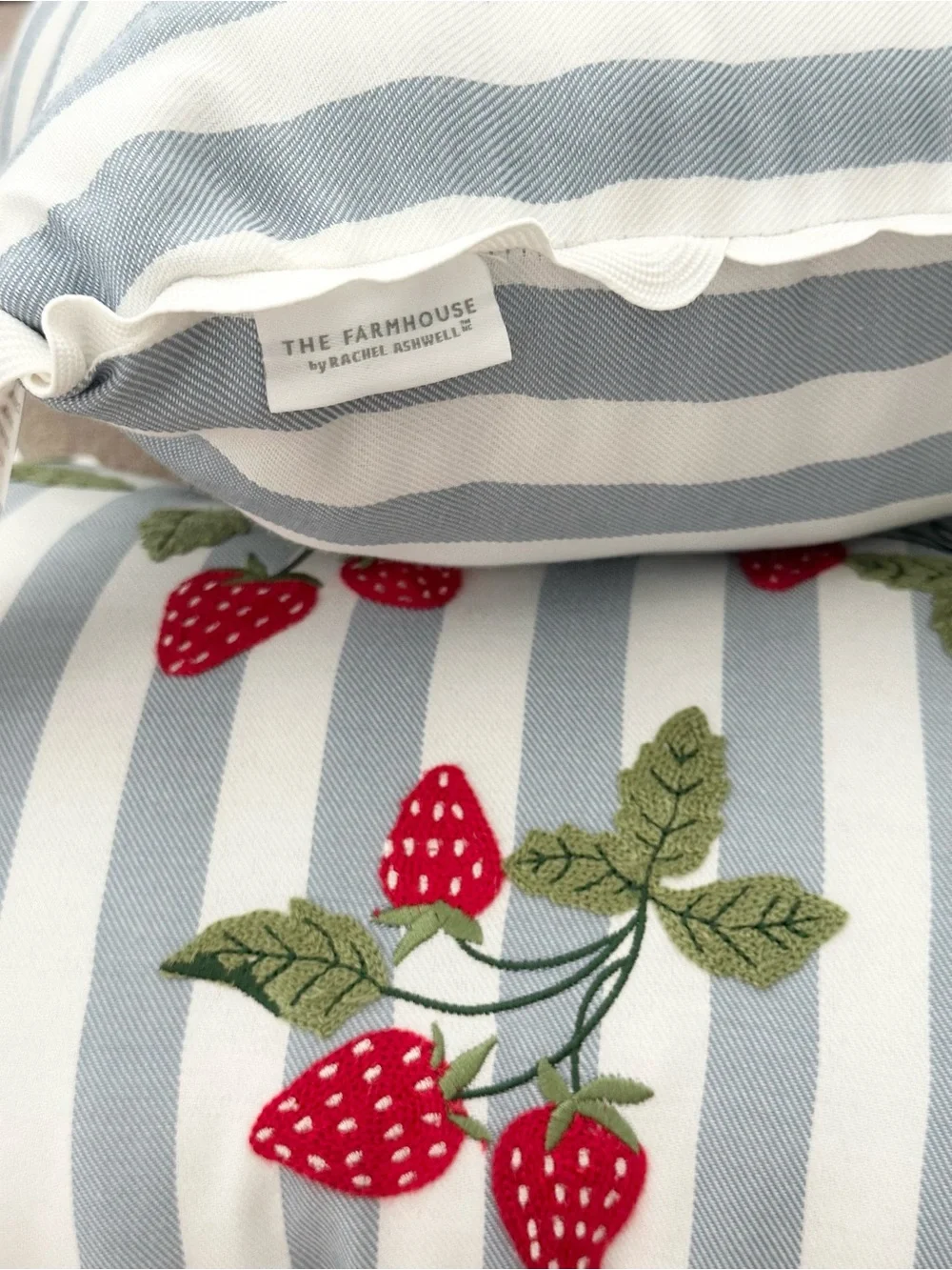 Set of 2 Strawberry Embroidered Blue & White Stripes Indoor/Outdoor Throw Pillow
